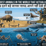 Chart comparing 10 giant extant animals, labeled in English and Hindi, with humans for size reference in diverse deep-sea and land habitats. Titles read '10 Biggest Animals in the World That Actually Exist' in both languages