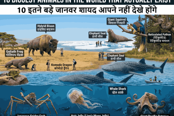 Chart comparing 10 giant extant animals, labeled in English and Hindi, with humans for size reference in diverse deep-sea and land habitats. Titles read '10 Biggest Animals in the World That Actually Exist' in both languages
