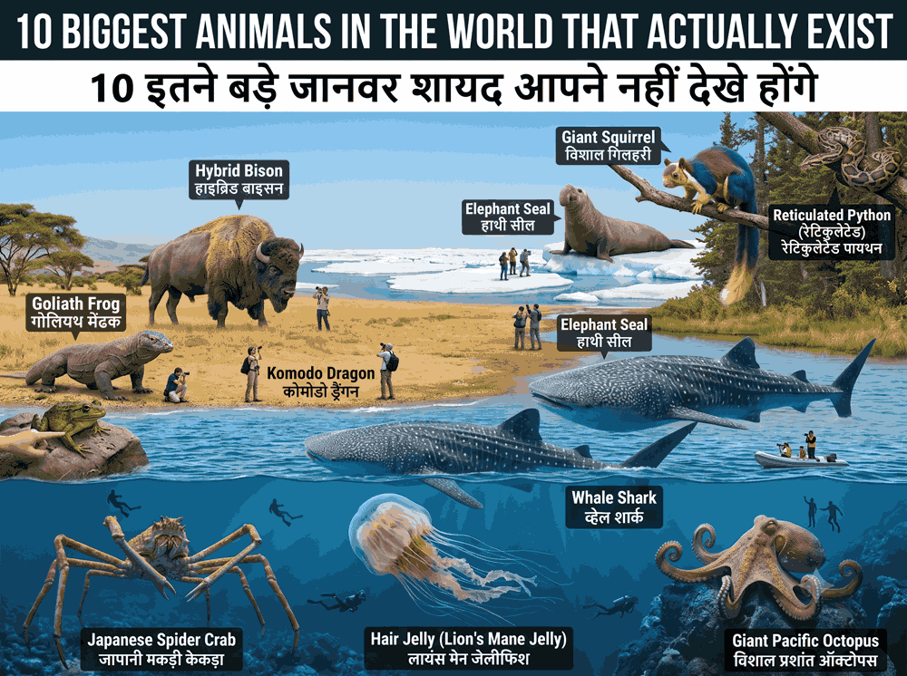 Chart comparing 10 giant extant animals, labeled in English and Hindi, with humans for size reference in diverse deep-sea and land habitats. Titles read '10 Biggest Animals in the World That Actually Exist' in both languages