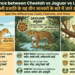 A detailed educational infographic in English and Hindi comparing a Cheetah, Jaguar, and Leopard. The main title is 'Difference between Cheetah vs Jaguar vs Leopard' in English and 'बिल्ली प्रजाति के यह तीन जानवरों के बारे में जाने अंतर' in Hindi. The image is a three-column chart set against a detailed outdoor illustrated background. The first column on the left is for 'CHEETAH' (English) and 'चीता' (Hindi), showing a walking cheetah in a savannah, with detailed information on its solid round spots (ठोस, गोल धब्बे), face tear tracks (आंसू के निशान), slender body build (दुबला-पतला, गति के लिए बना), and open savannah habitat. The second column is for 'JAGUAR' (English) and 'जगुआर' (Hindi), showing a walking jaguar by a rainforest river, detailing its larger rosettes with inner spots (बड़े रोसेट्स, जिनके अंदर धब्बे होते हैं), heaviest body build (शरीर: सबसे भारी, शक्तिशाली जबड़े), broad face, and rainforest/wetland habitat. The third column is for 'LEOPARD' (English) and 'तेंदुआ' (Hindi), showing a leopard on a tree branch in a woodland, detailing its rosettes with no inner spots (रोसेट्स (अंदर कोई धब्बा नहीं)), muscular body build (शरीर: मांसपेशीपूर्ण, छोटा शरीर), smaller face, and varied woodland habitat. Each column includes clear circular insets of spot patterns and detailed bullet points with bilingual descriptions and matching icons for body build, face, and habitat