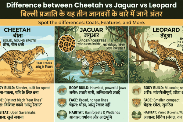 A detailed educational infographic in English and Hindi comparing a Cheetah, Jaguar, and Leopard. The main title is 'Difference between Cheetah vs Jaguar vs Leopard' in English and 'बिल्ली प्रजाति के यह तीन जानवरों के बारे में जाने अंतर' in Hindi. The image is a three-column chart set against a detailed outdoor illustrated background. The first column on the left is for 'CHEETAH' (English) and 'चीता' (Hindi), showing a walking cheetah in a savannah, with detailed information on its solid round spots (ठोस, गोल धब्बे), face tear tracks (आंसू के निशान), slender body build (दुबला-पतला, गति के लिए बना), and open savannah habitat. The second column is for 'JAGUAR' (English) and 'जगुआर' (Hindi), showing a walking jaguar by a rainforest river, detailing its larger rosettes with inner spots (बड़े रोसेट्स, जिनके अंदर धब्बे होते हैं), heaviest body build (शरीर: सबसे भारी, शक्तिशाली जबड़े), broad face, and rainforest/wetland habitat. The third column is for 'LEOPARD' (English) and 'तेंदुआ' (Hindi), showing a leopard on a tree branch in a woodland, detailing its rosettes with no inner spots (रोसेट्स (अंदर कोई धब्बा नहीं)), muscular body build (शरीर: मांसपेशीपूर्ण, छोटा शरीर), smaller face, and varied woodland habitat. Each column includes clear circular insets of spot patterns and detailed bullet points with bilingual descriptions and matching icons for body build, face, and habitat