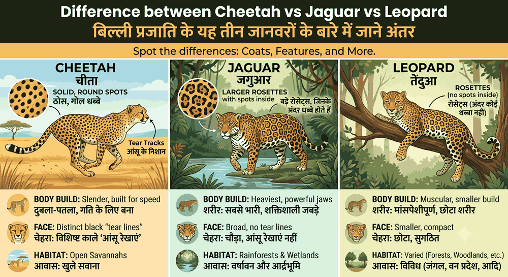 A detailed educational infographic in English and Hindi comparing a Cheetah, Jaguar, and Leopard. The main title is 'Difference between Cheetah vs Jaguar vs Leopard' in English and 'बिल्ली प्रजाति के यह तीन जानवरों के बारे में जाने अंतर' in Hindi. The image is a three-column chart set against a detailed outdoor illustrated background. The first column on the left is for 'CHEETAH' (English) and 'चीता' (Hindi), showing a walking cheetah in a savannah, with detailed information on its solid round spots (ठोस, गोल धब्बे), face tear tracks (आंसू के निशान), slender body build (दुबला-पतला, गति के लिए बना), and open savannah habitat. The second column is for 'JAGUAR' (English) and 'जगुआर' (Hindi), showing a walking jaguar by a rainforest river, detailing its larger rosettes with inner spots (बड़े रोसेट्स, जिनके अंदर धब्बे होते हैं), heaviest body build (शरीर: सबसे भारी, शक्तिशाली जबड़े), broad face, and rainforest/wetland habitat. The third column is for 'LEOPARD' (English) and 'तेंदुआ' (Hindi), showing a leopard on a tree branch in a woodland, detailing its rosettes with no inner spots (रोसेट्स (अंदर कोई धब्बा नहीं)), muscular body build (शरीर: मांसपेशीपूर्ण, छोटा शरीर), smaller face, and varied woodland habitat. Each column includes clear circular insets of spot patterns and detailed bullet points with bilingual descriptions and matching icons for body build, face, and habitat
