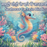 Cute animated seahorse in a vibrant coral reef with the blog title text "समुद्री घोड़ो के बारे में जानकारी - Seahorse Facts in Hindi