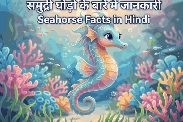 Cute animated seahorse in a vibrant coral reef with the blog title text "समुद्री घोड़ो के बारे में जानकारी - Seahorse Facts in Hindi