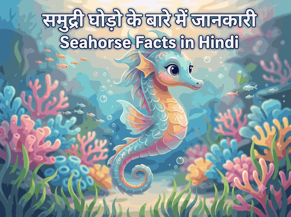 Cute animated seahorse in a vibrant coral reef with the blog title text "समुद्री घोड़ो के बारे में जानकारी - Seahorse Facts in Hindi
