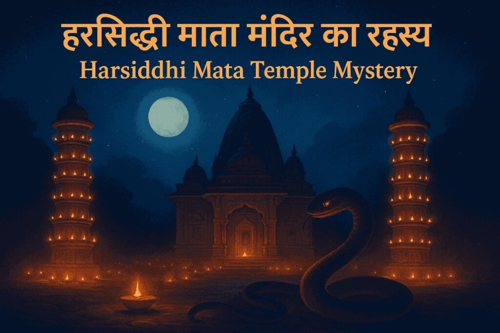 हरसिद्धि माता मंदिर का रहस्य उज्जैन | Harsiddhi Mata Temple Mystery with Deep Stambh, glowing diyas and symbolic python illustration at night