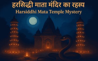 हरसिद्धि माता मंदिर का रहस्य उज्जैन | Harsiddhi Mata Temple Mystery with Deep Stambh, glowing diyas and symbolic python illustration at night