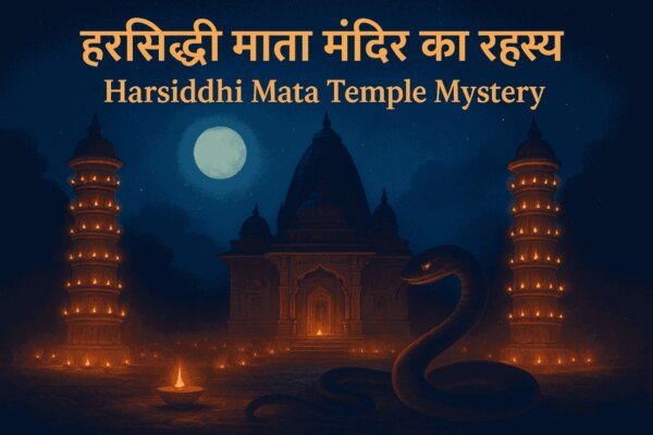 हरसिद्धि माता मंदिर का रहस्य उज्जैन | Harsiddhi Mata Temple Mystery with Deep Stambh, glowing diyas and symbolic python illustration at night